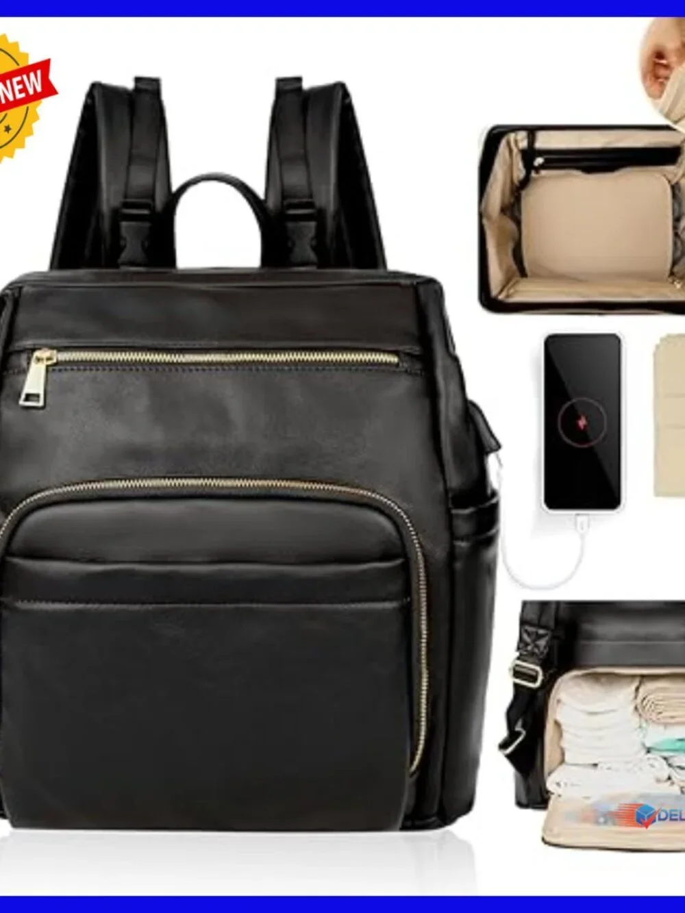 Large Leather Diaper Backpack with 18 Pockets, USB Port, Changing Pad